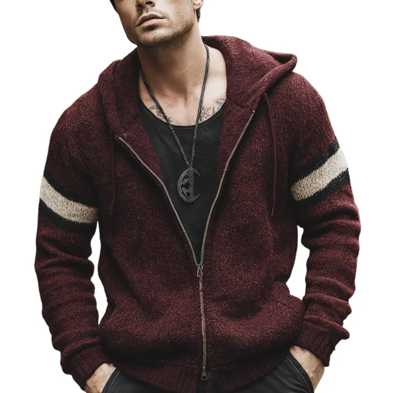 Men's Urban Casual Dark Red Hooded Knitted Zip-up Cardigan MTA0800L4U sold by Manly