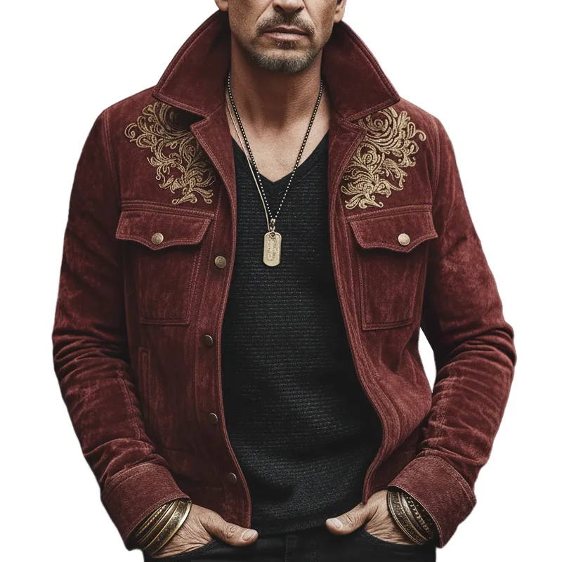 Men's Vintage Luxury Dark Red Suede Embroidered Lapel Jacket MTA0874L3U sold by Manly
