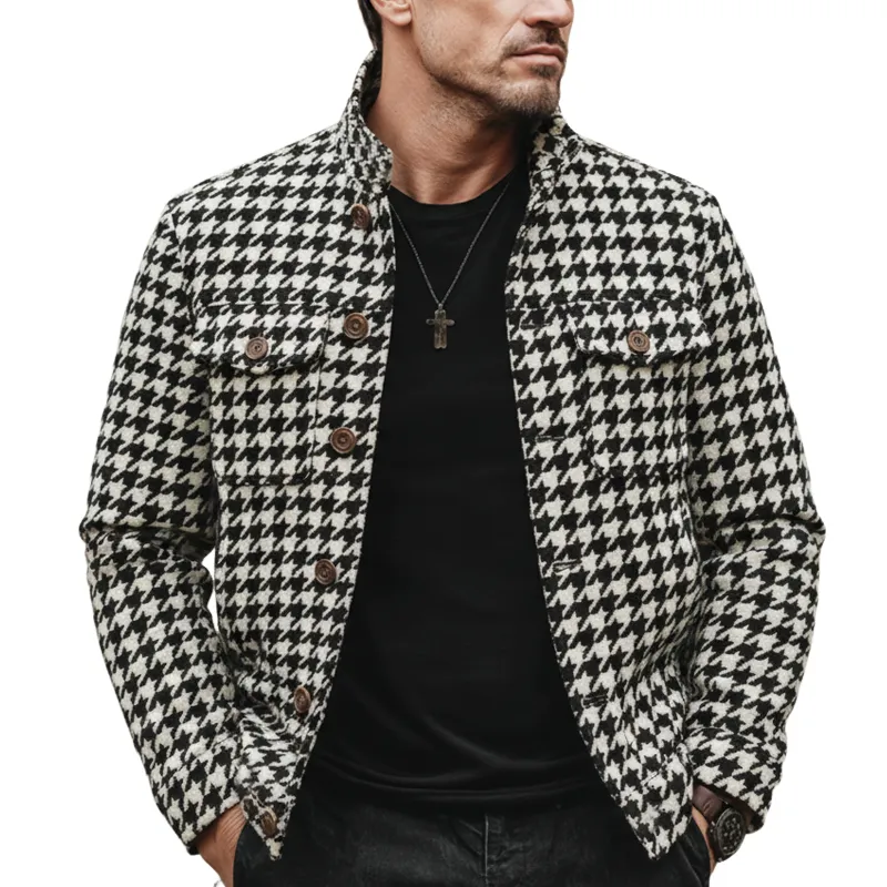 Men's Classic Stand-collar Houndstooth Faux Wool Button-up Jacket MTA0559L7U sold by Manly