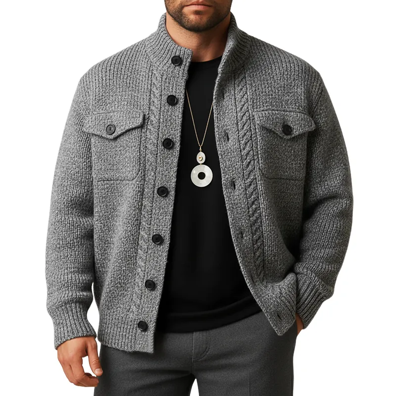 Men's Classic Gray Stand-collar Button-up Knit Cardigan MTA0508L9U sold by Manly