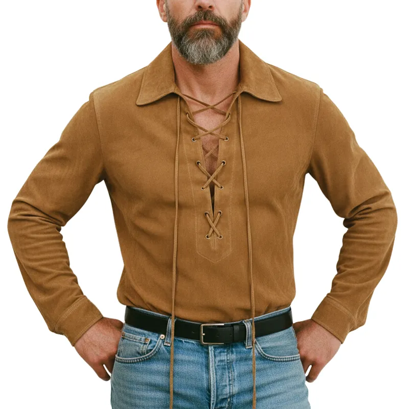 Men's Classic Western Style Suede Tie-Neck Long-Sleeve T-Shirt MTA0565L1U sold by Manly