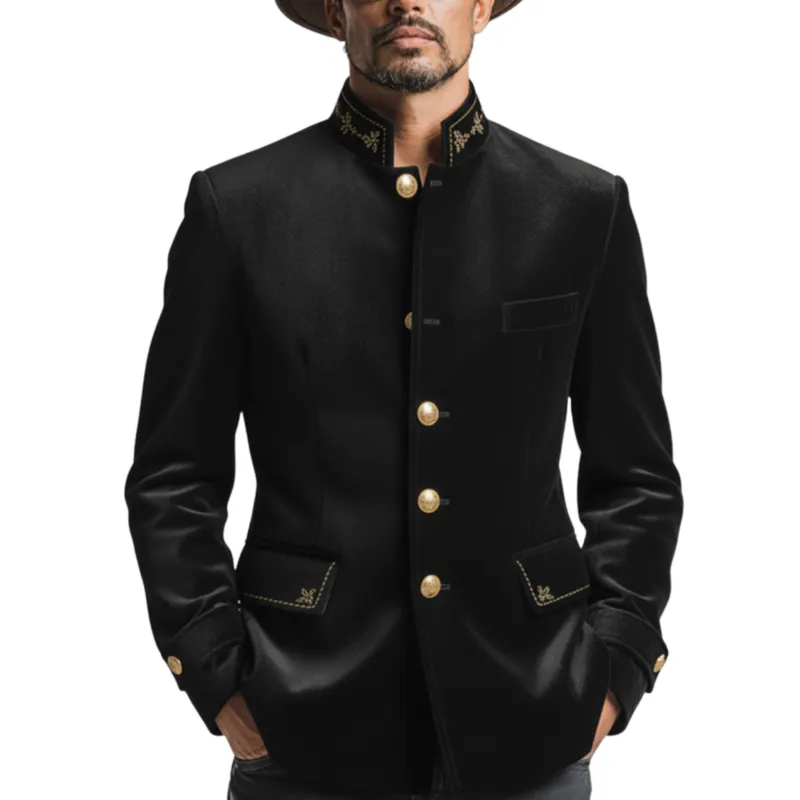 Men's Classic Retro Stand-collar Embroidered Faux Velvet Single-breasted Jacket MTA0559L2K sold by Manly