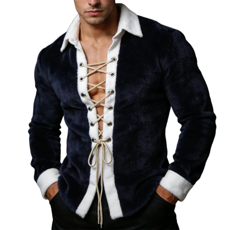 Men's Vintage Casual Plush Color-blocked Lapel Long-sleeved Shirt MTA0572L8TO made by Manly