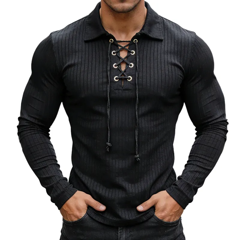 Men's Retro Casual Striped Lapel Long-Sleeve T-Shirt MTA0515L1TO sold by Manly