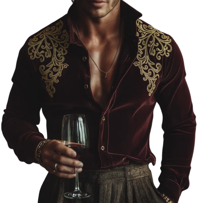 Men's Classic Retro Stand-collar Embroidered Faux Velvet Long-sleeved Shirt MTA0533L6K sold by Manly