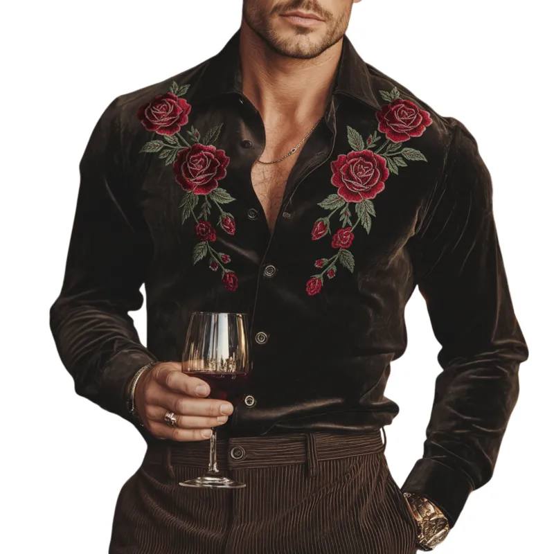 Men's Classic Vintage Rose Embroidery Faux Velvet Long-sleeved Shirt MTA0549L8K sold by Manly