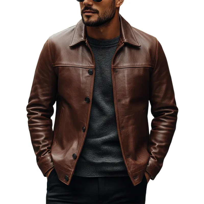 Men's Retro Solid Color Lapel Button PU Jacket MTA0510L8X sold by Manly