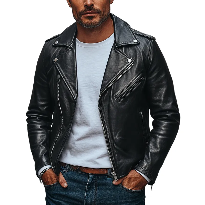 Men's Solid Color Slim Fit Lapel Motorcycle Style PU Zip-up Jacket MTA0520L7X sold by Manly