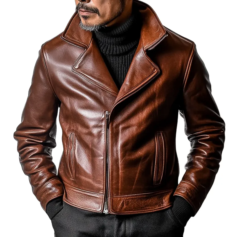 Men's Retro Solid Color Lapel Zipper PU Jacket MTA0455L1X sold by Manly