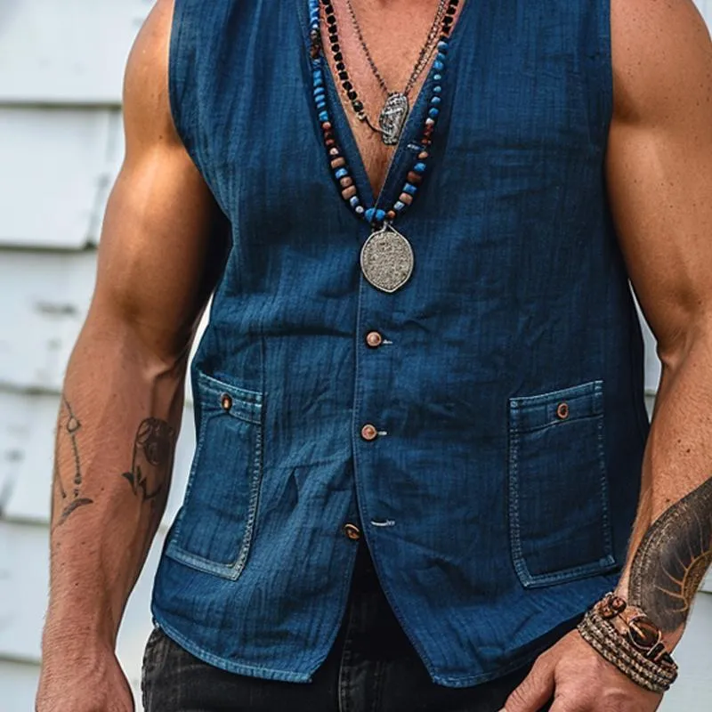 Men's Vintage Washed Denim V-neck Vest 36695763X sold by Manly product image thumbnail 3
