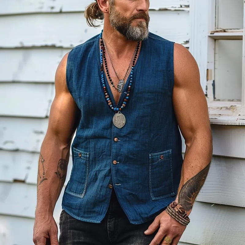 Men's Vintage Washed Denim V-neck Vest 36695763X sold by Manly product image thumbnail 2