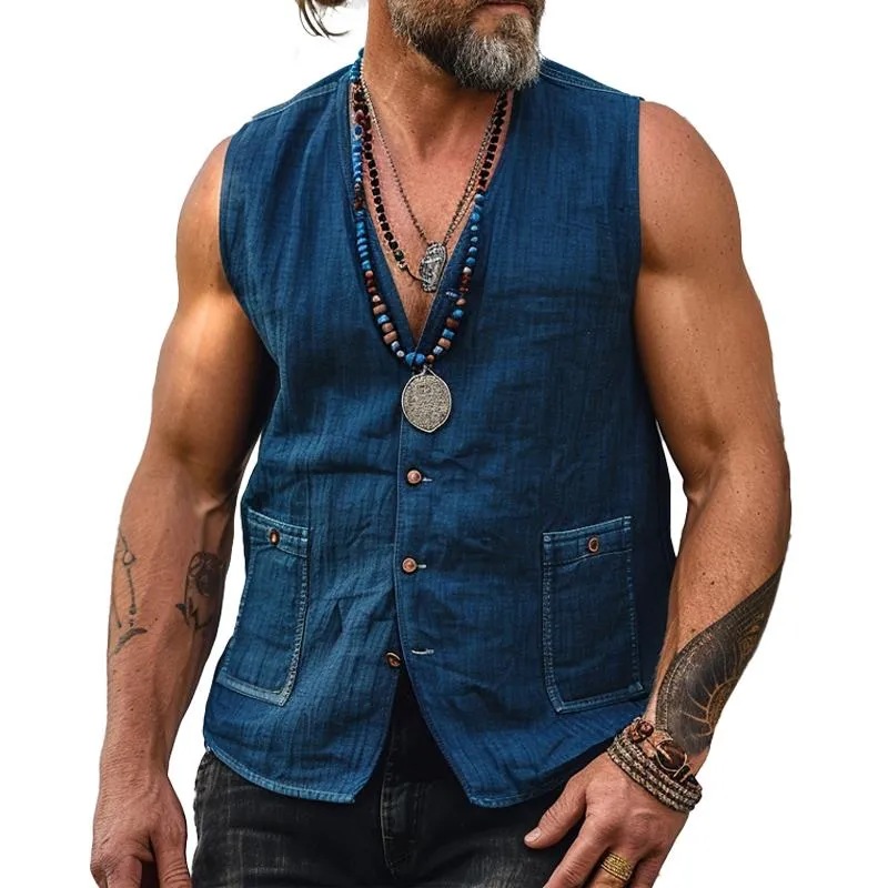 Men's Vintage Washed Denim V-neck Vest 36695763X sold by Manly