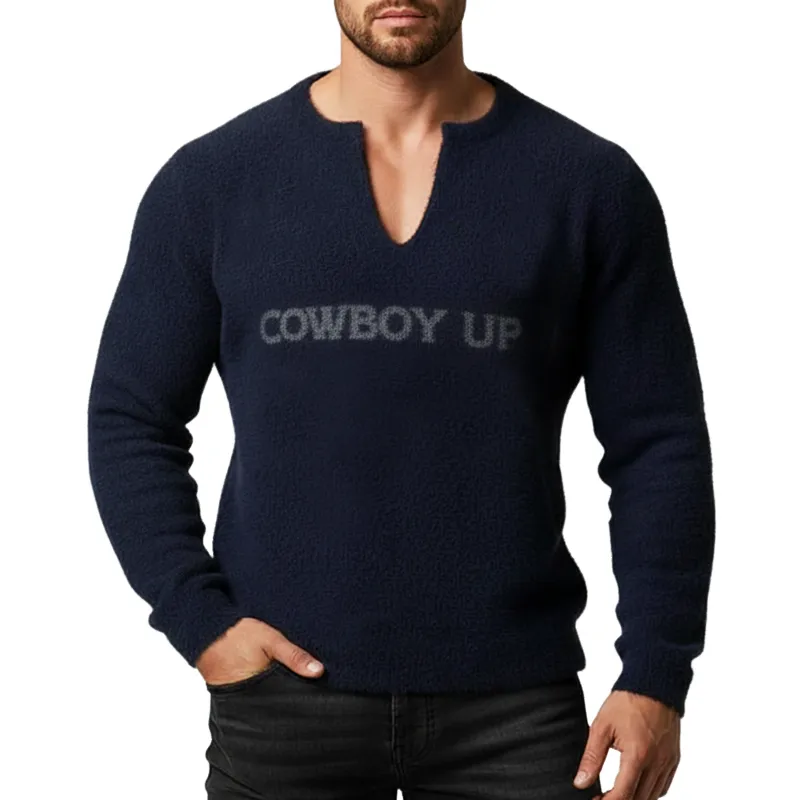 Men's Urban Style Navy Blue V-neck Slim-fit Knitted Sweater MTA0462L4U sold by Manly