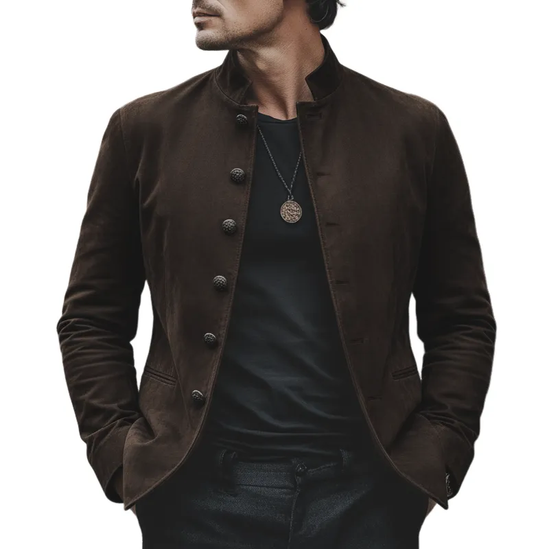 Men's Classic Chocolate Brown Stand-collar Suede Jacket MTA0103L1U sold by Manly