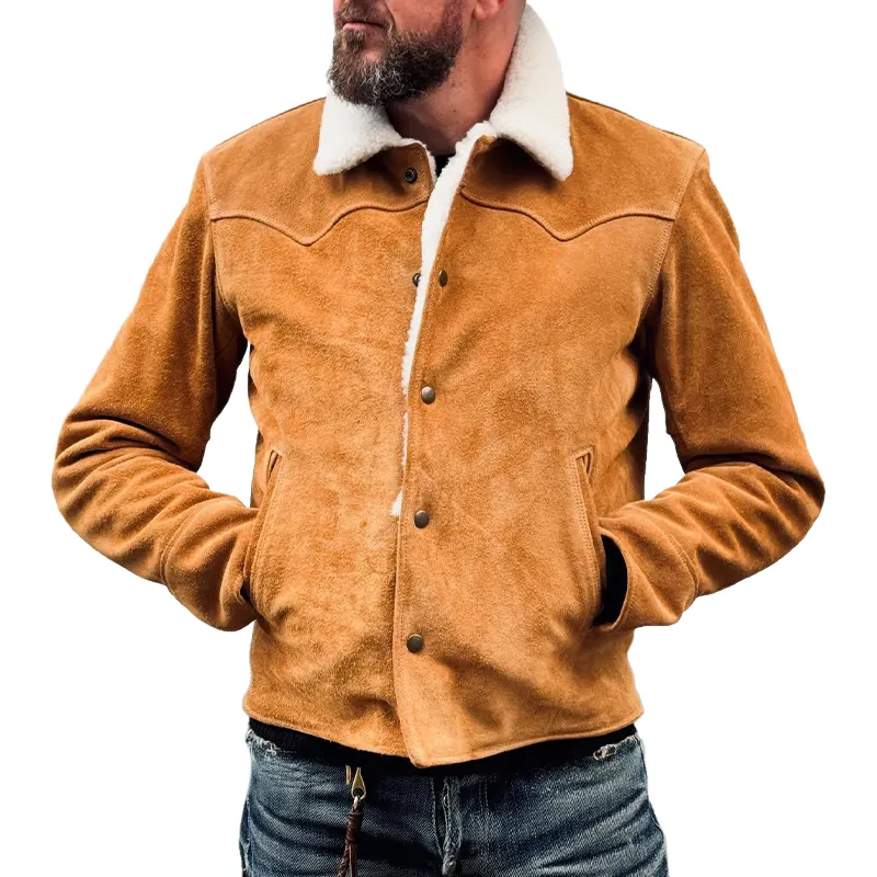 Men's Retro Solid Color Patchwork Faux Suede Lapel Button Jacket MTA0195L2X sold by Manly