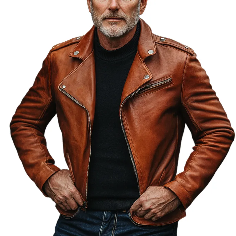 Men's Solid Color Lapel Zipper PU Motorcycle Jacket MTA0465L2X sold by Manly