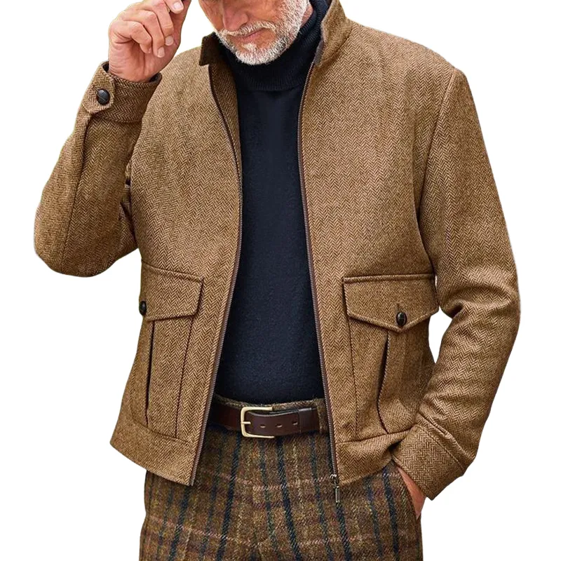 Men's Retro Stand Collar Herringbone Blend Zipper Jacket MTA0437L8X sold by Manly