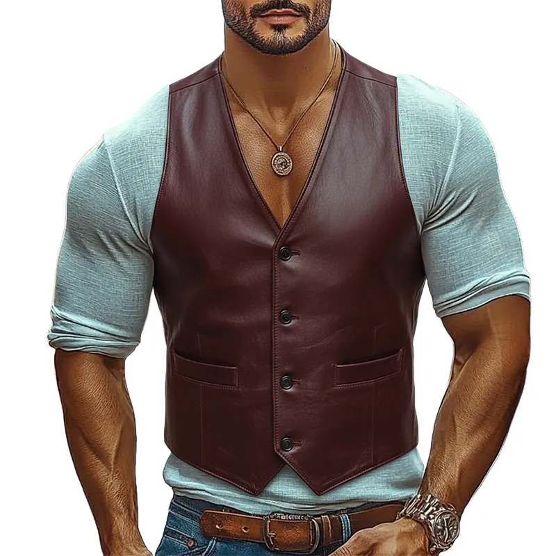 Men's Solid Color Retro V-neck PU Vest MTA0443L3X sold by Manly