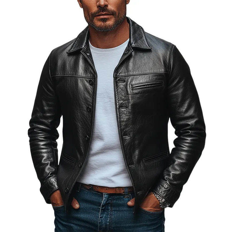 Men's Solid Color Retro Lapel Button PU Jacket MTA0431L2X sold by Manly