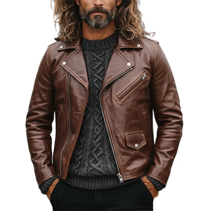 Men's Retro Zipper Lapel Motorcycle Jacket MTA0435L9X sold by Manly