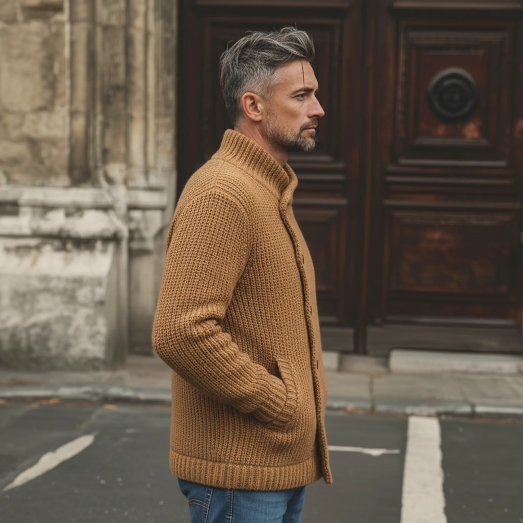 Men's Classic Stand-up Collar Slanted Placket Button-down Cardigan MTA0450L0K sold by Manly product image thumbnail 3