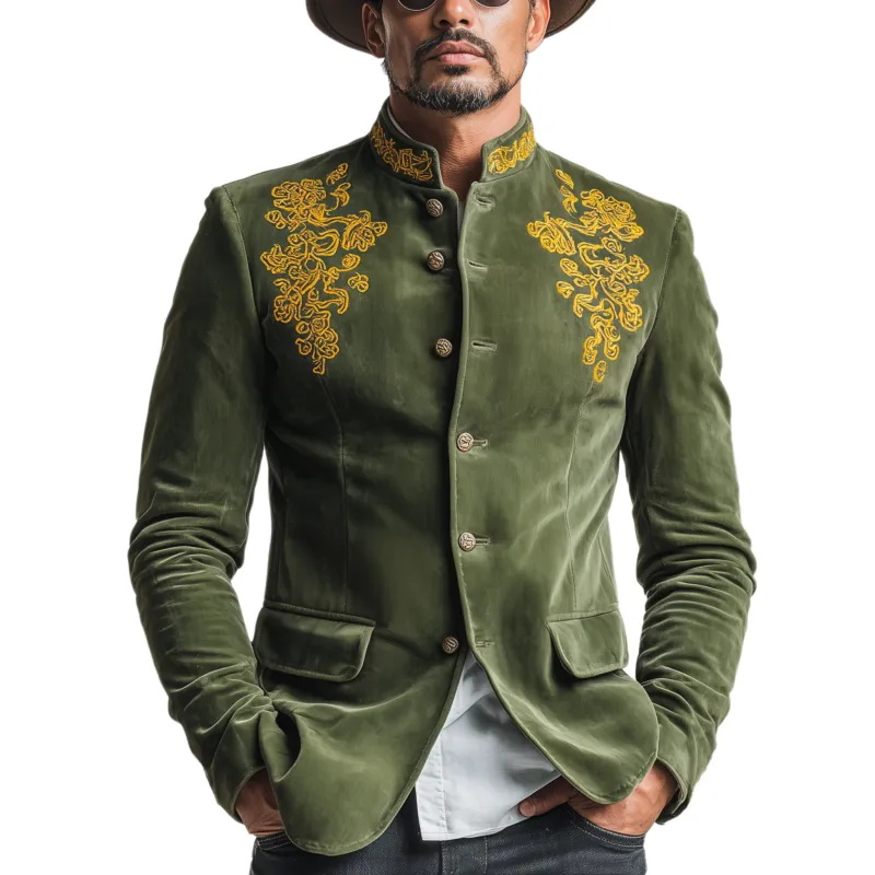 Men's Classic Retro Stand Collar Embroidered Faux Velvet Slim Fit Jacket MTA0401L4K sold by Manly