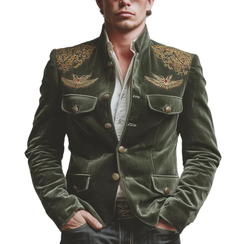 Men's Classic Retro Embroidered Faux Velvet Stand Collar Jacket MTA0417L7K sold by Manly