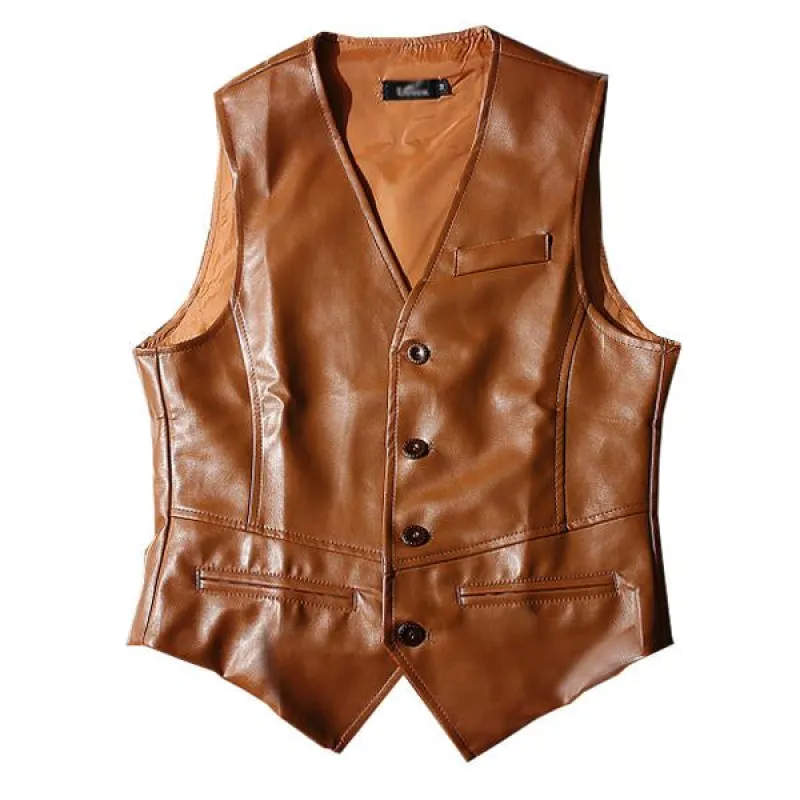 VINTAGE LEATHER BUTTON VEST sold by Manly