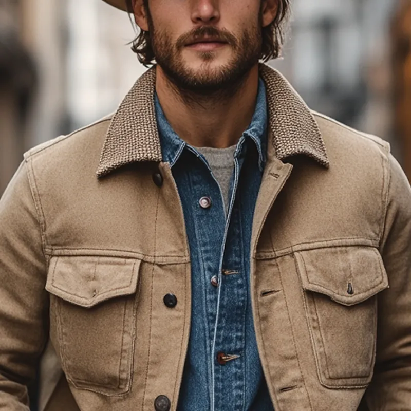 Men's Cotton Patchwork Lapel Button Jacket MTA0136L7X sold by Manly product image thumbnail 3