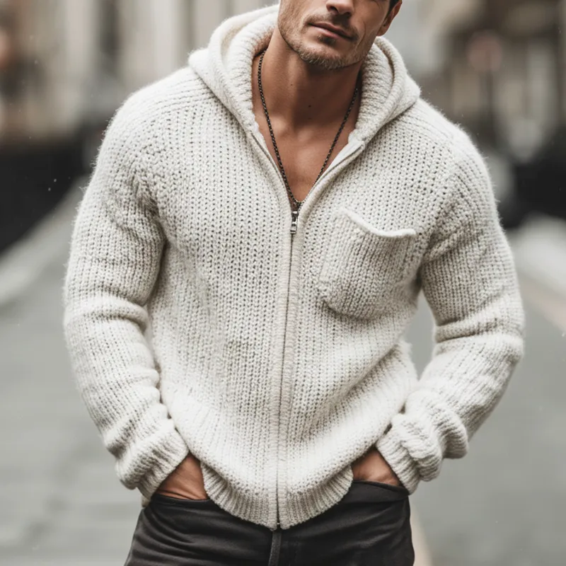 Men's Urban Casual White Hooded Zip-up Knit Cardigan MTA3012K8U sold by Manly product image thumbnail 4