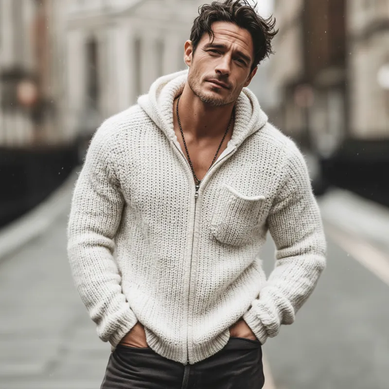 Men's Urban Casual White Hooded Zip-up Knit Cardigan MTA3012K8U sold by Manly product image thumbnail 2