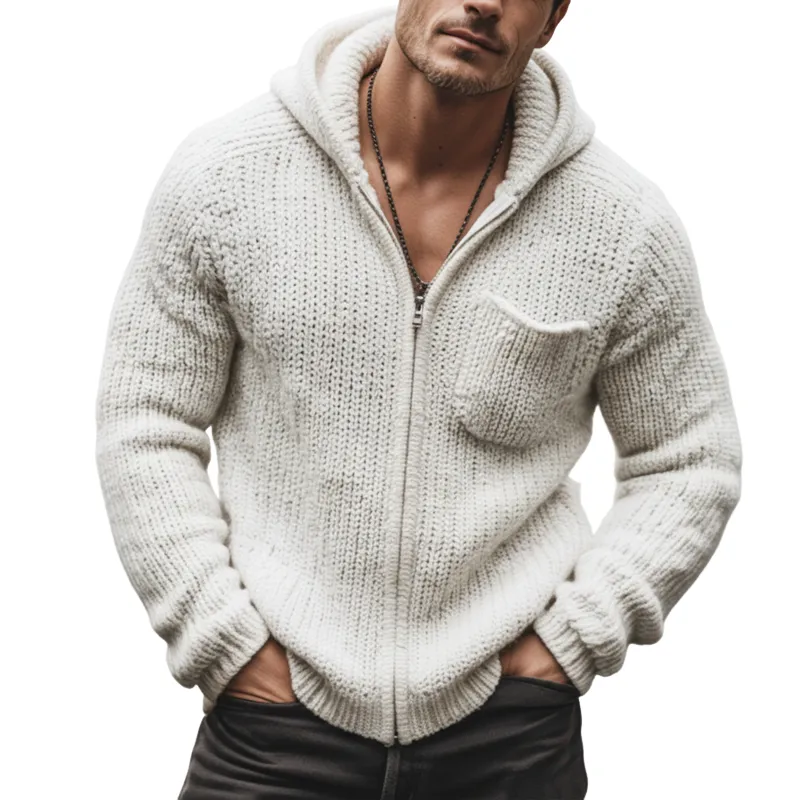 Men's Urban Casual White Hooded Zip-up Knit Cardigan MTA3012K8U sold by Manly