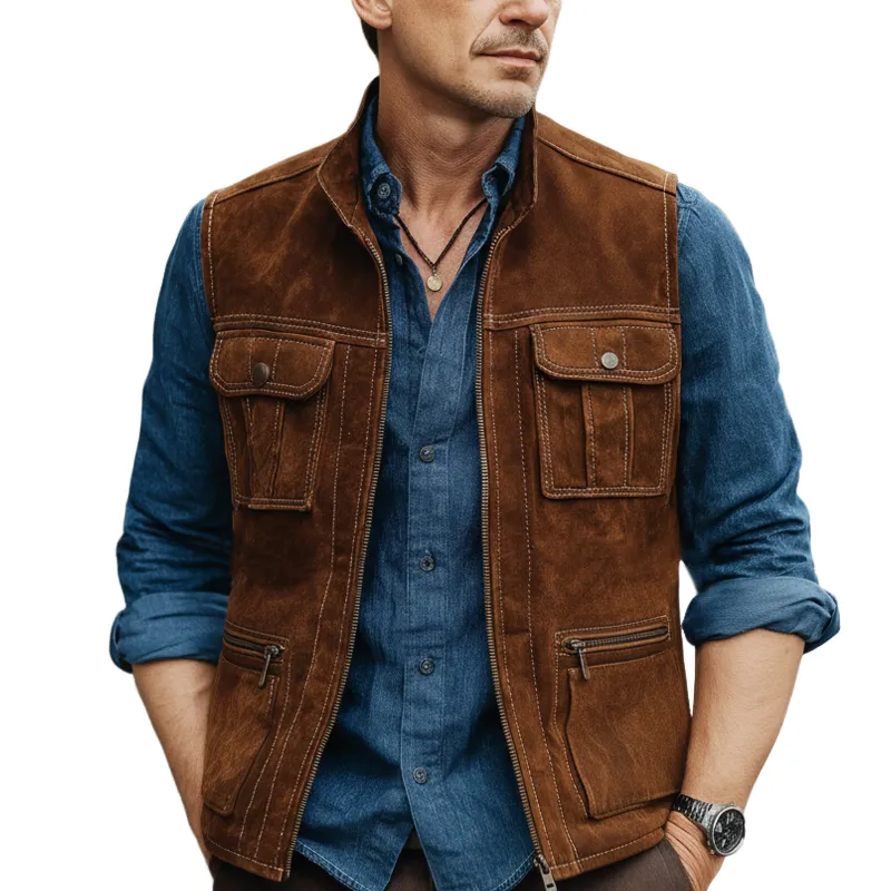 Men's Classic Stand-collar Zippered Suede Multi-pocket Vest MTA0129L9U sold by Manly
