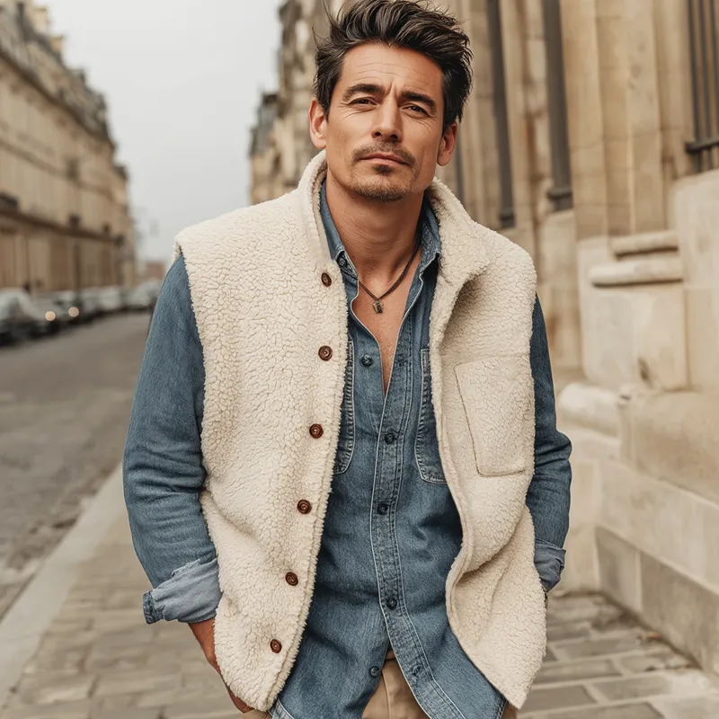 Men's Urban Warm Faux Lambskin Stand-collar Button-up Vest MTA0163L4U sold by Manly product image thumbnail 2