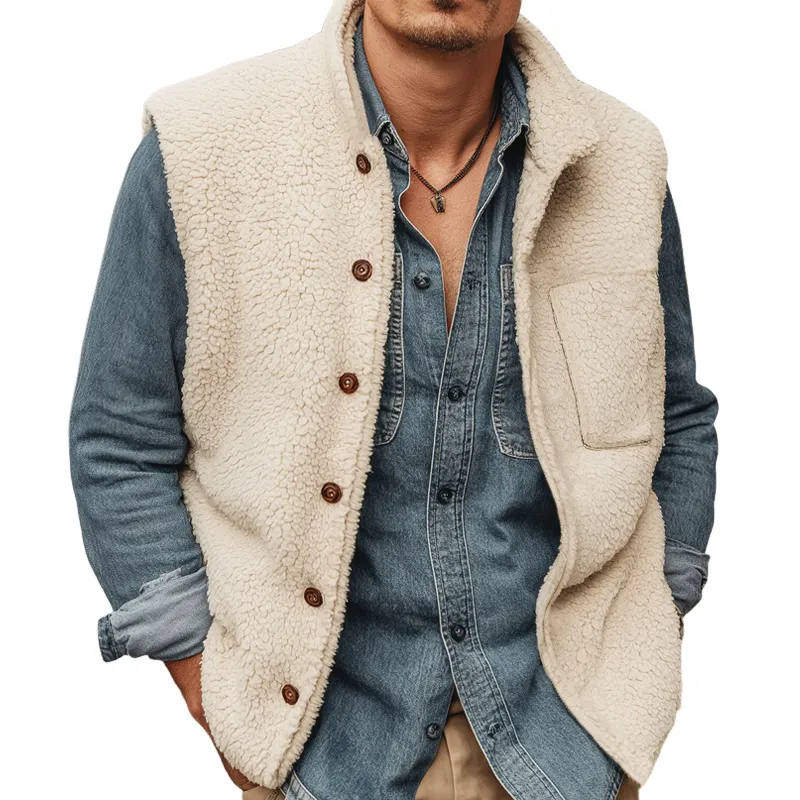 Men's Urban Warm Faux Lambskin Stand-collar Button-up Vest MTA0163L4U sold by Manly