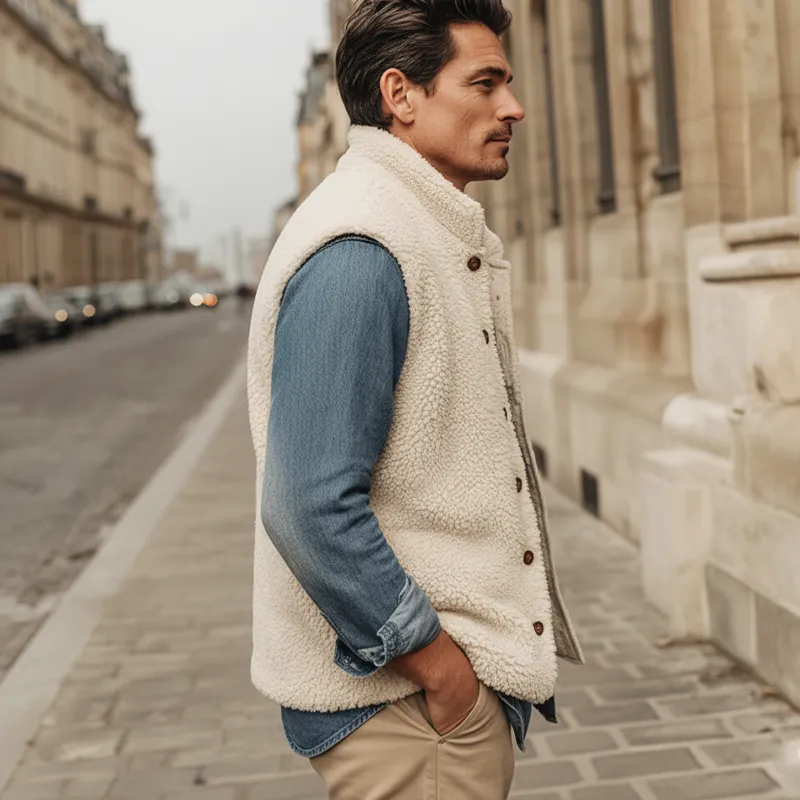 Men's Urban Warm Faux Lambskin Stand-collar Button-up Vest MTA0163L4U sold by Manly product image thumbnail 3