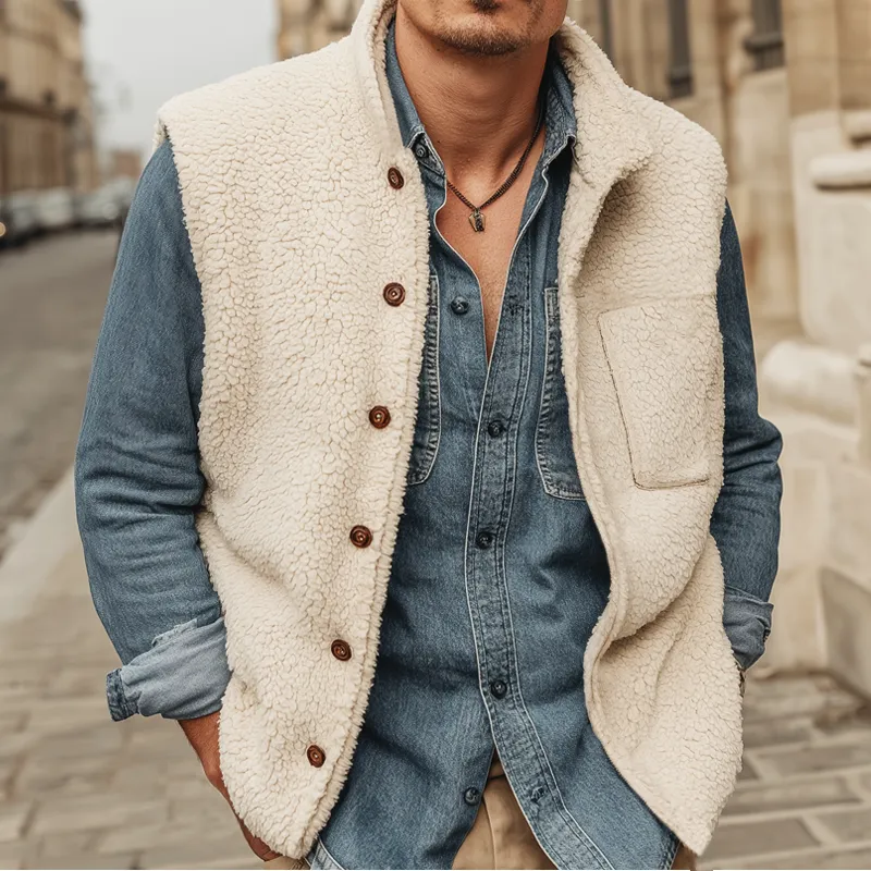 Men's Urban Warm Faux Lambskin Stand-collar Button-up Vest MTA0163L4U sold by Manly product image thumbnail 5