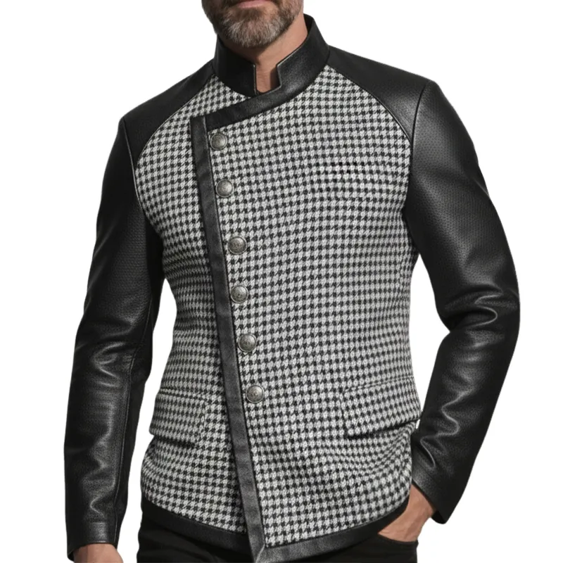 Men's Retro Casual Houndstooth PU Patchwork Stand Collar Button Jacket MTA2916K2TO sold by Manly