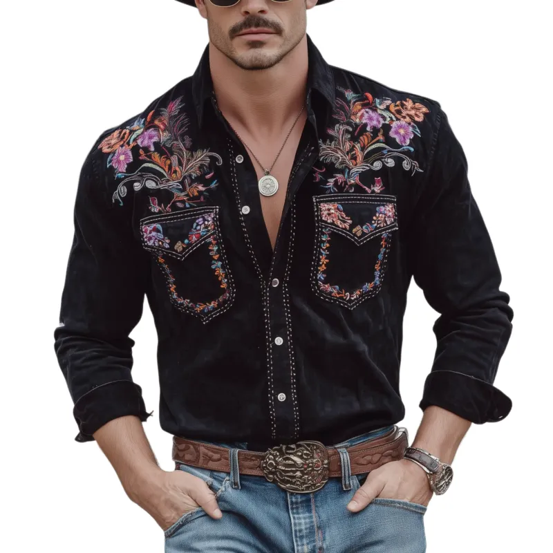 Men's Classic Retro Western Style Embroidered Faux Suede Long-sleeved Shirt MTA0118L6K sold by Manly