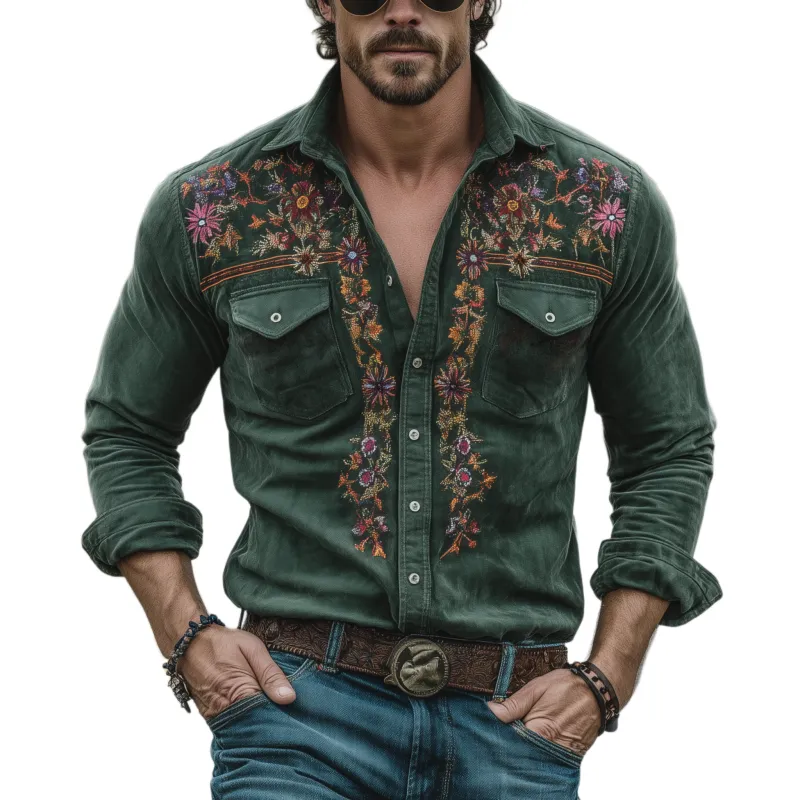 Men's Classic Retro Western Style Embroidered Faux Suede Slim Fit Long-Sleeve Shirt MTA0189L7K sold by Manly