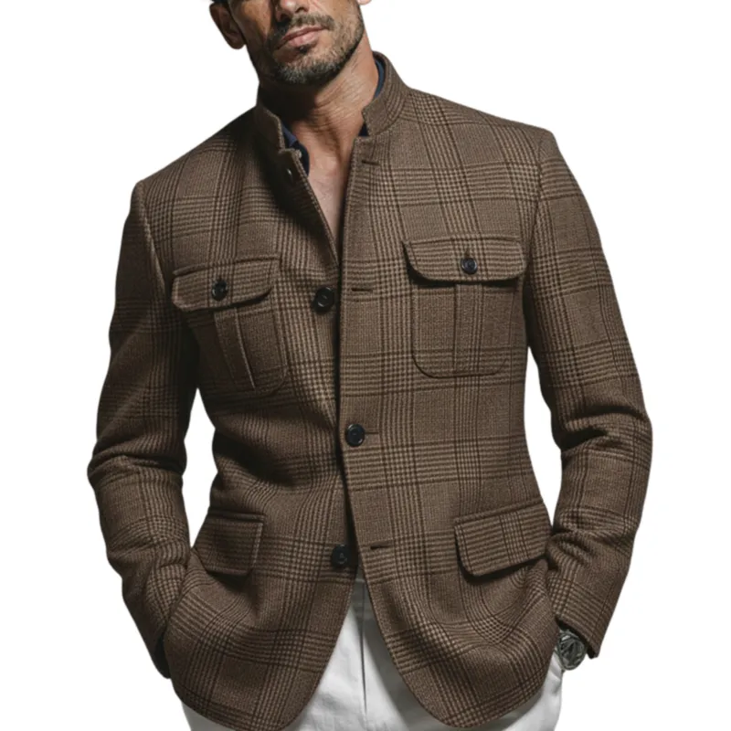 Men's Classic Vintage Stand-collar Houndstooth Blend Multi-pocket Jacket MTA1624L3K sold by Manly