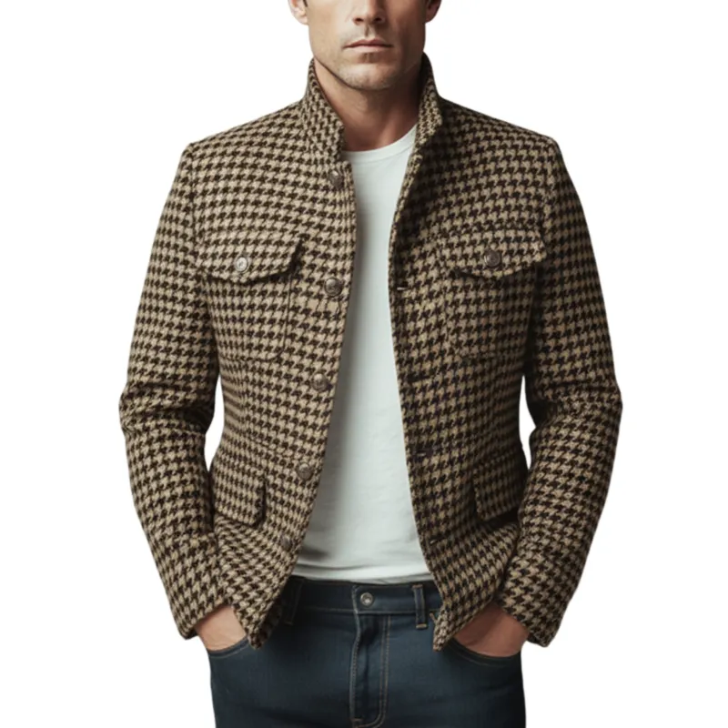 Men's Classic Vintage Stand-collar Multi-pocket Houndstooth Wool Jacket MTA1698L9K sold by Manly