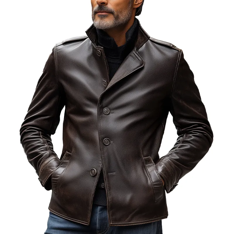 Men's Vintage Distressed PU Faux Leather Button-up Jacket MTA1654L1P sold by Manly