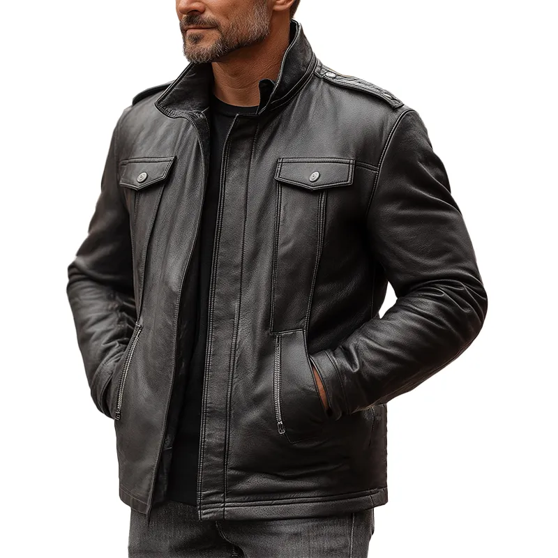 Men's Vintage Stand-collar PU Faux Leather Button-up Jacket MTA1625L0P sold by Manly