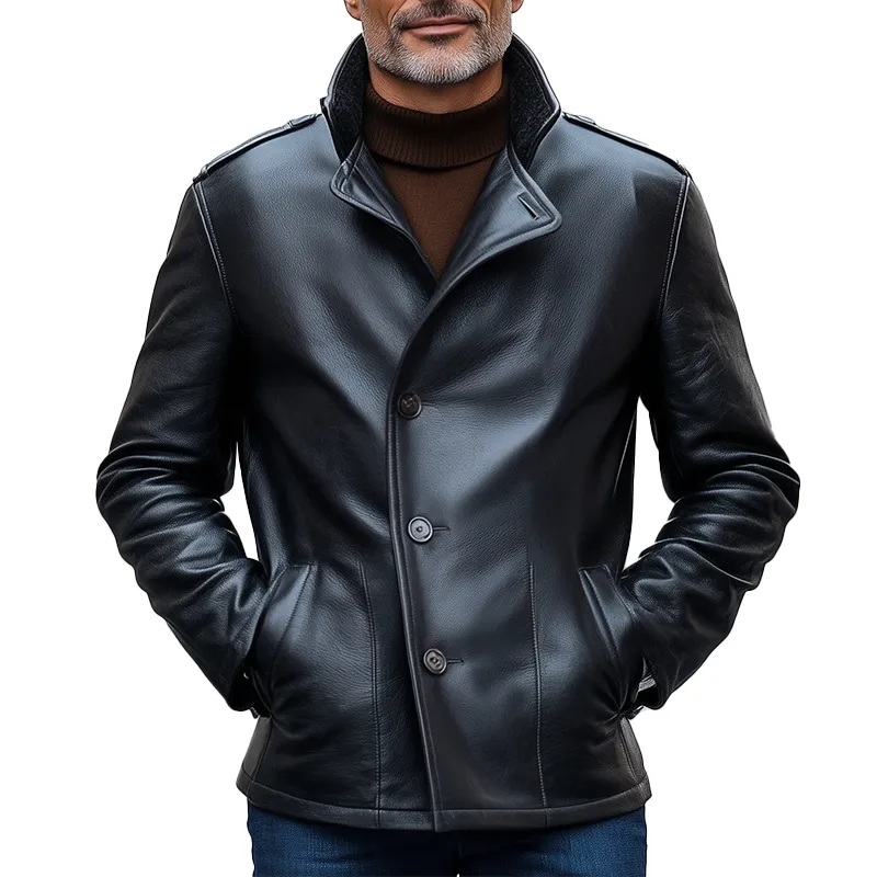 Men's Vintage Simple Stand-collar PU Faux Leather Button-up Jacket MTA1615L9P sold by Manly