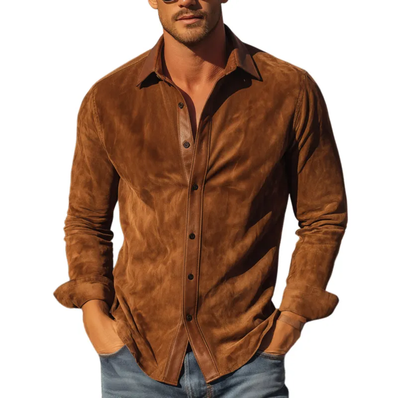 Men's Classic Western Style PU Leather Lapel Slim-fit Faux Suede Long-sleeved Shirt MTA1690L3K sold by Manly