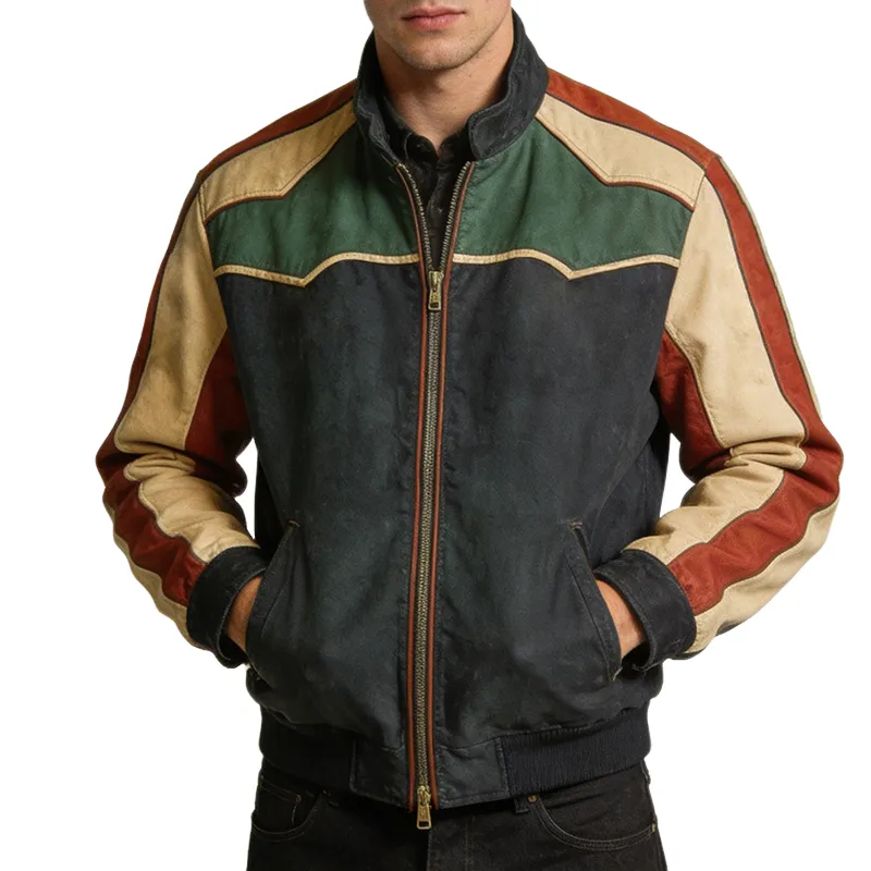 Men's Casual Retro Style Cotton Washed Color Block Stand Collar Zipper Jacket MTA1504L0TO sold by Manly