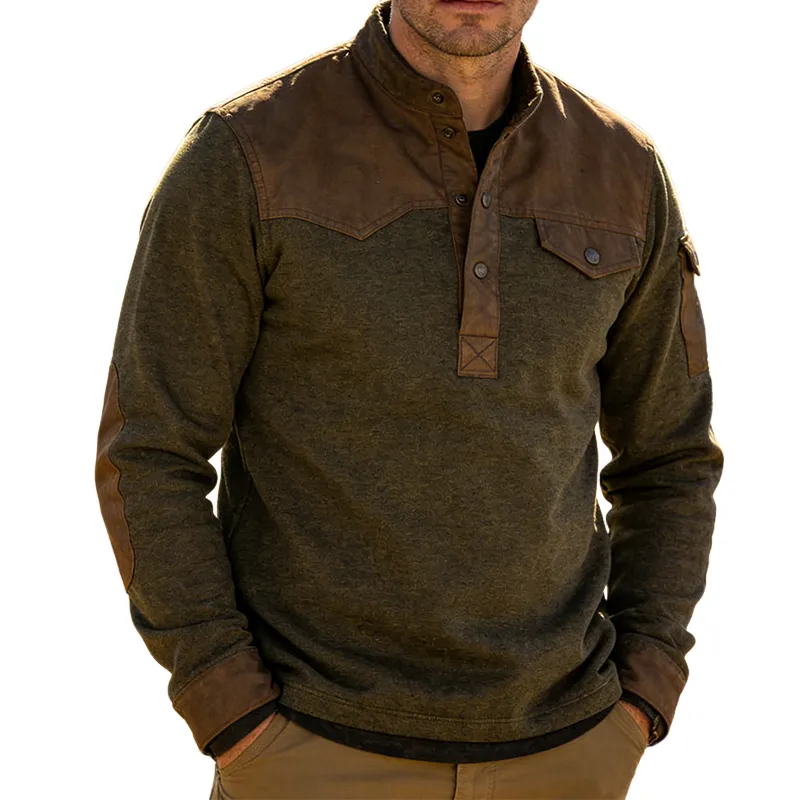 Men's Retro Casual Patchwork Stand Collar Button Outdoor Sweatshirt  MTA1267L0TO sold by Manly