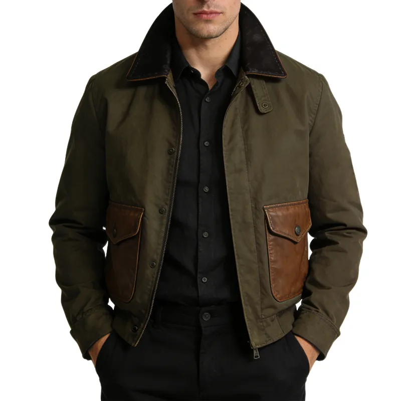 Men's Retro Casual Cotton PU Patchwork Zipper Lapel Jacket MTA1597L8TO sold by Manly
