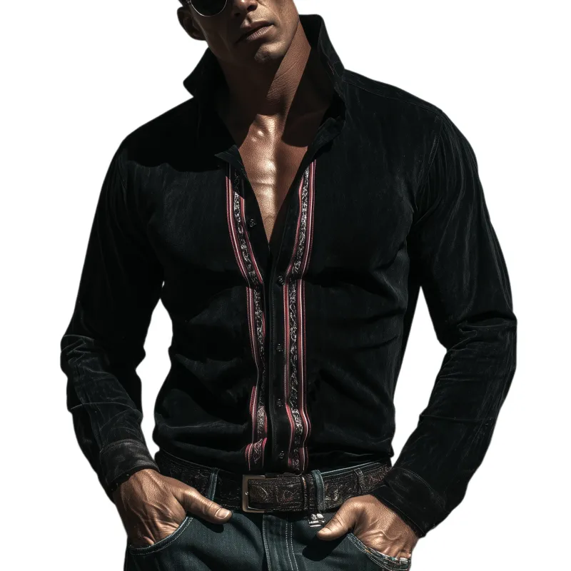 Men's Classic Vintage Western-style Stand-collar Embroidered Faux Suede Slim-fit Long-sleeved Shirt MTA1502L4K sold by Manly